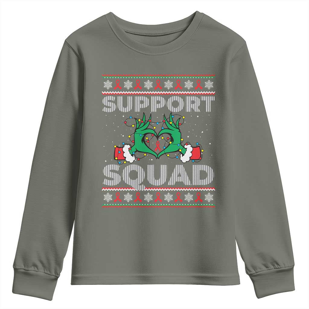 Support Squad HIV Support Gift Youth Sweatshirt Green Hand Red Ribbon Ugly Sweater Christmas Gift