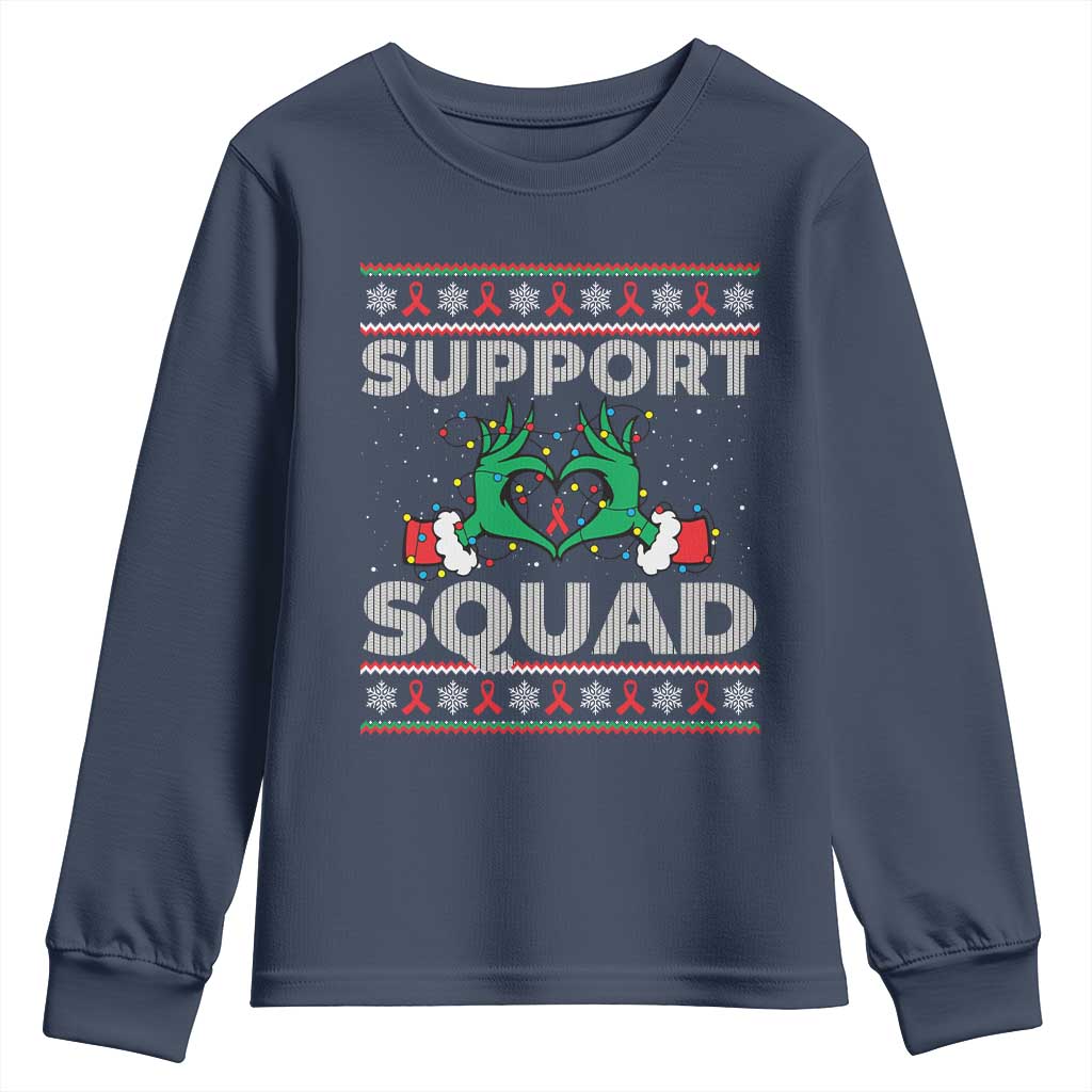 Support Squad HIV Support Gift Youth Sweatshirt Green Hand Red Ribbon Ugly Sweater Christmas Gift