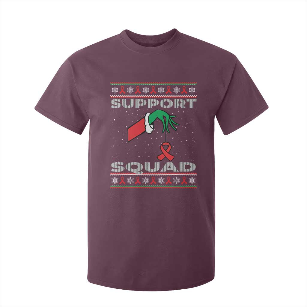 Funny Green Hand Red Ribbon HIV Support Squad T Shirt For Kid