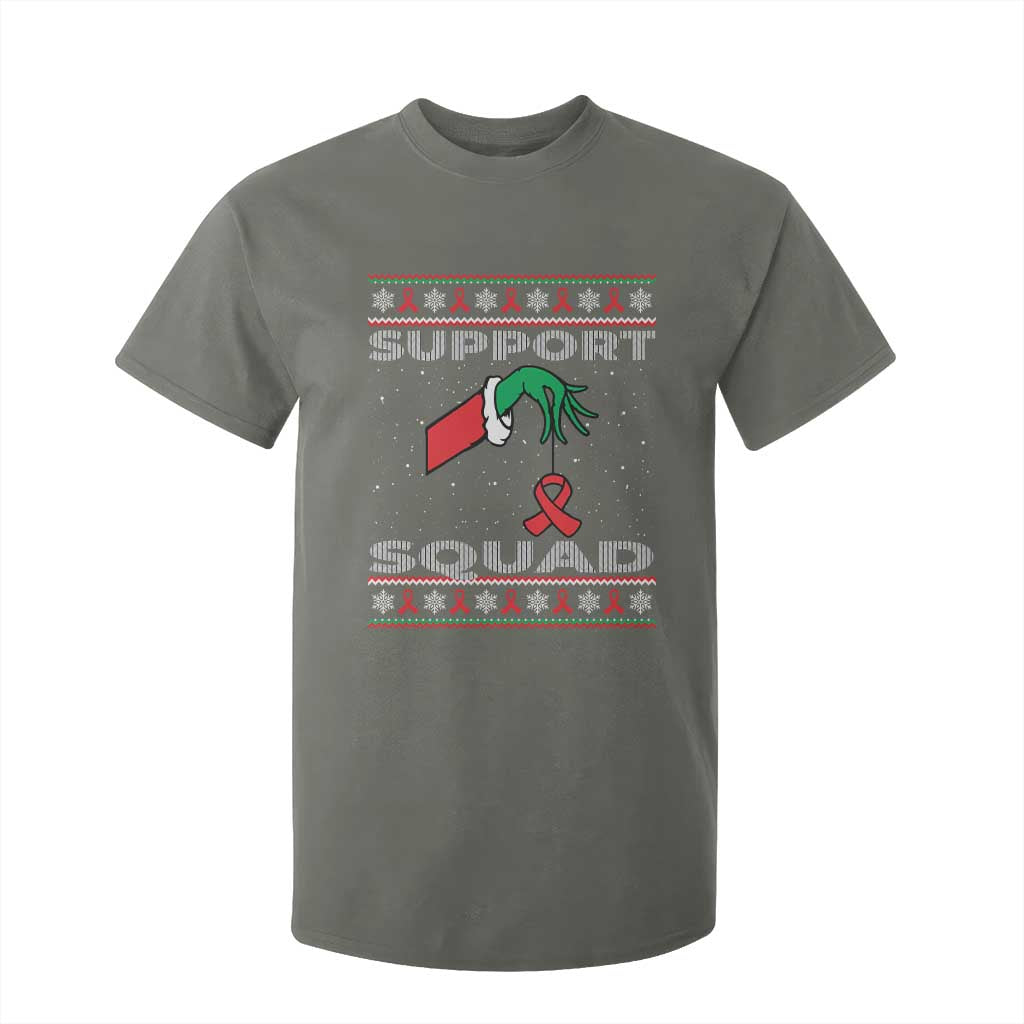 Funny Green Hand Red Ribbon HIV Support Squad T Shirt For Kid