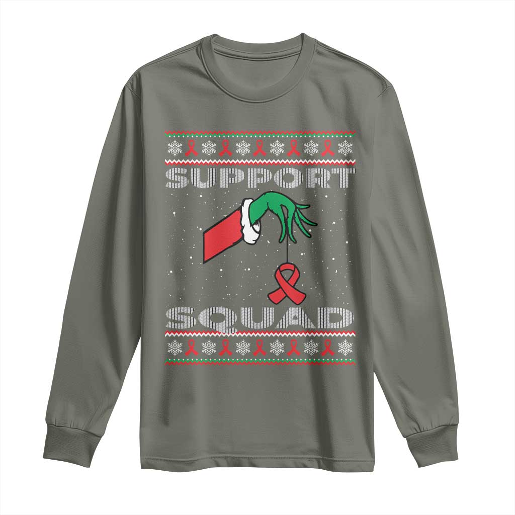 Funny Green Hand Red Ribbon HIV Support Squad Long Sleeve Shirt