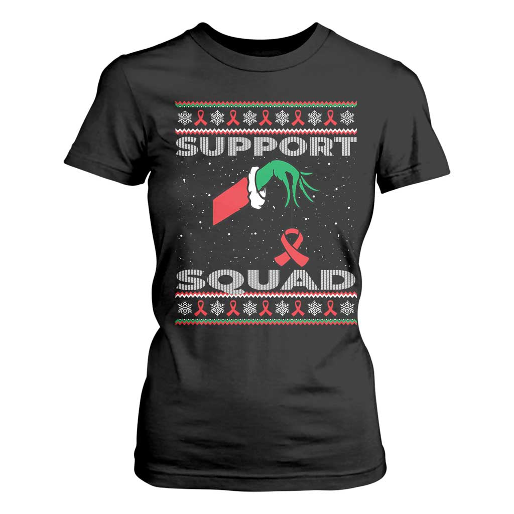 Funny Green Hand Red Ribbon HIV Support Squad T Shirt For Women