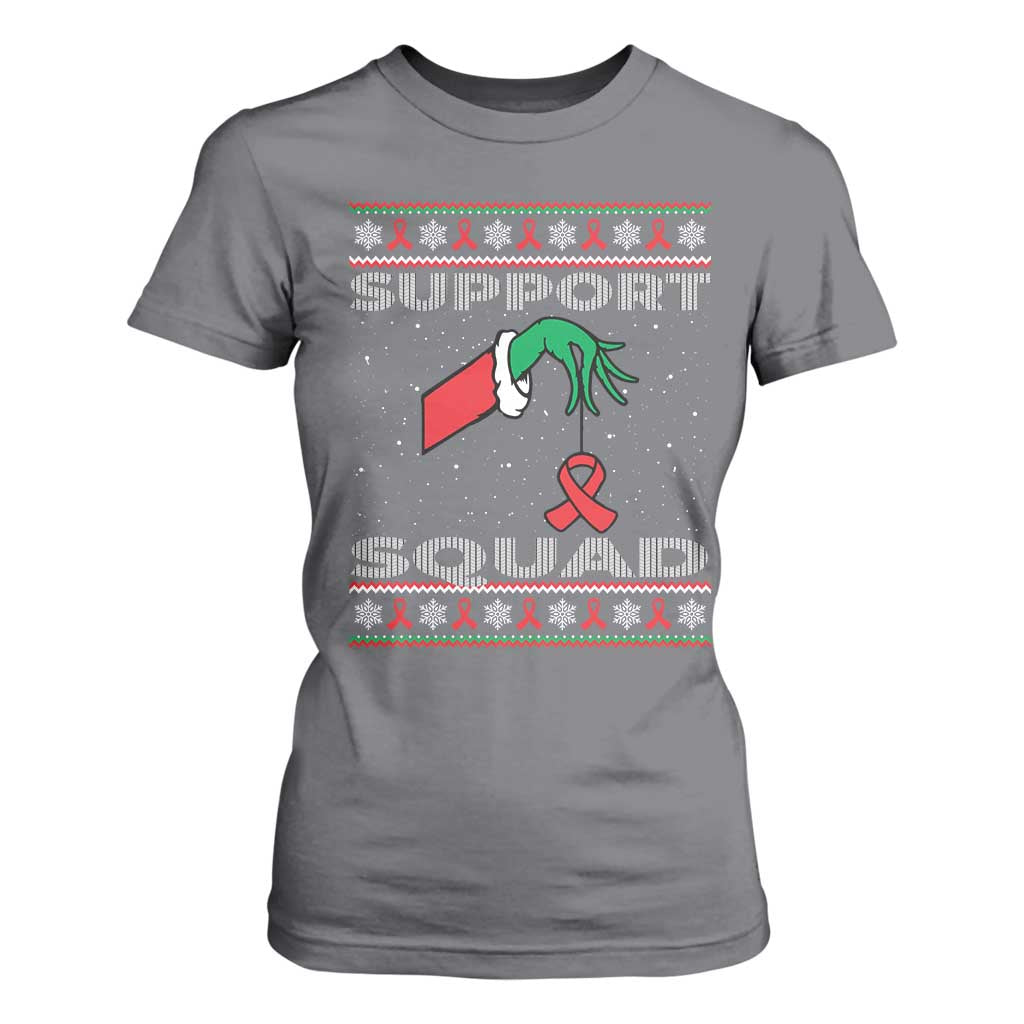 Funny Green Hand Red Ribbon HIV Support Squad T Shirt For Women