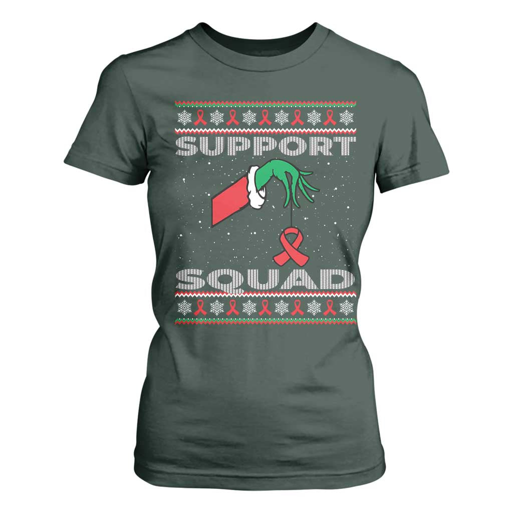 Funny Green Hand Red Ribbon HIV Support Squad T Shirt For Women