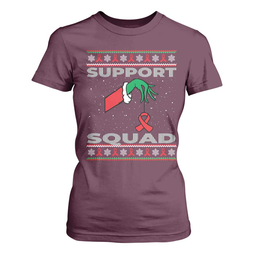 Funny Green Hand Red Ribbon HIV Support Squad T Shirt For Women