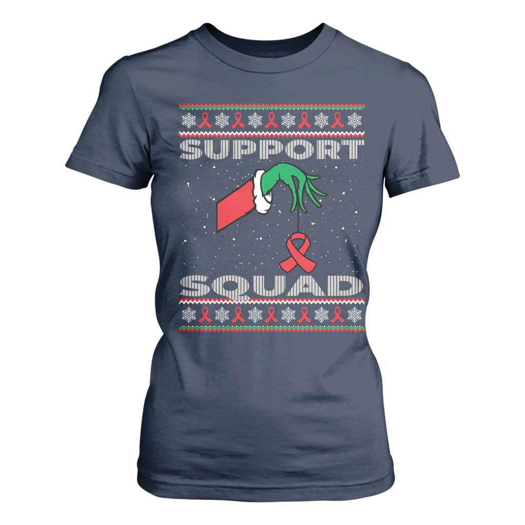 Funny Green Hand Red Ribbon HIV Support Squad T Shirt For Women