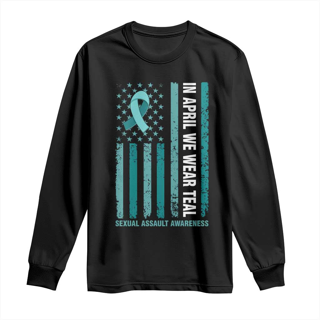 Sexual Assault Prevention Support American Flag Long Sleeve Shirt In April We Wear Teal Ribbon