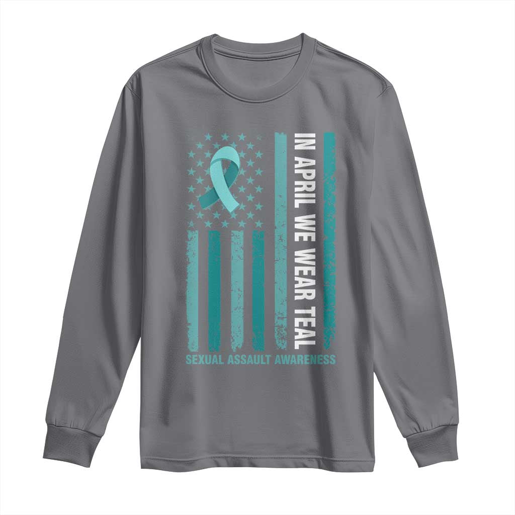 Sexual Assault Prevention Support American Flag Long Sleeve Shirt In April We Wear Teal Ribbon