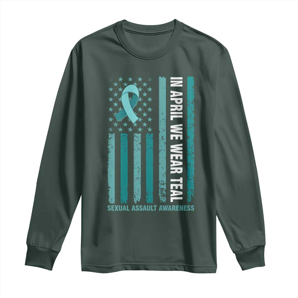 Sexual Assault Prevention Support American Flag Long Sleeve Shirt In April We Wear Teal Ribbon