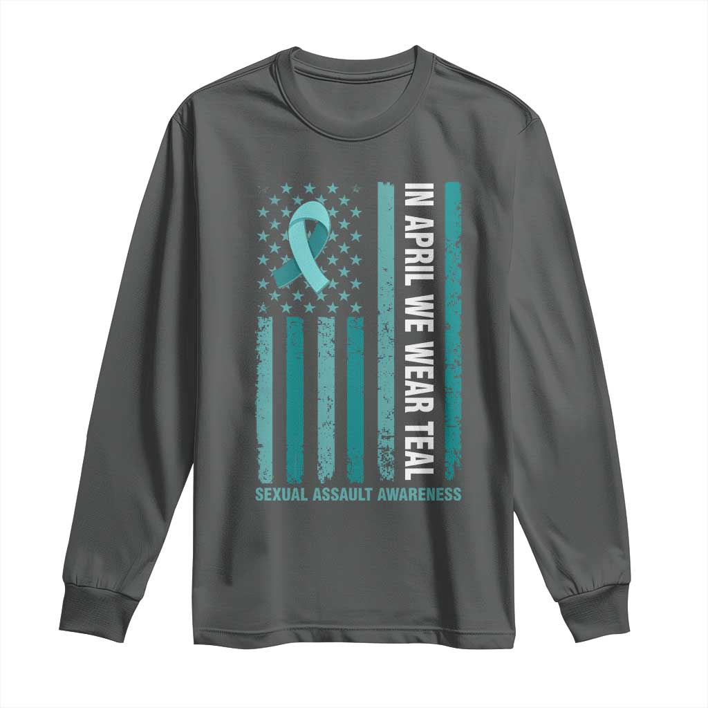Sexual Assault Prevention Support American Flag Long Sleeve Shirt In April We Wear Teal Ribbon