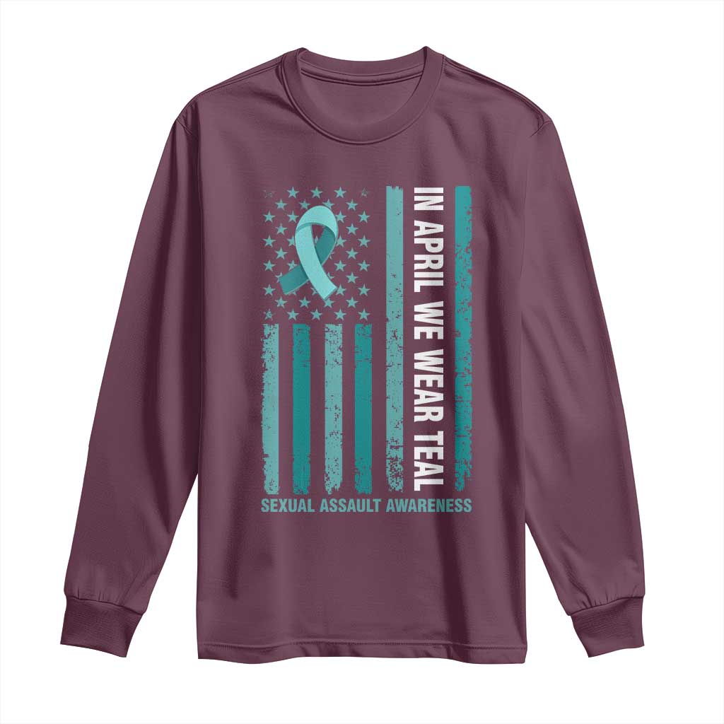 Sexual Assault Prevention Support American Flag Long Sleeve Shirt In April We Wear Teal Ribbon