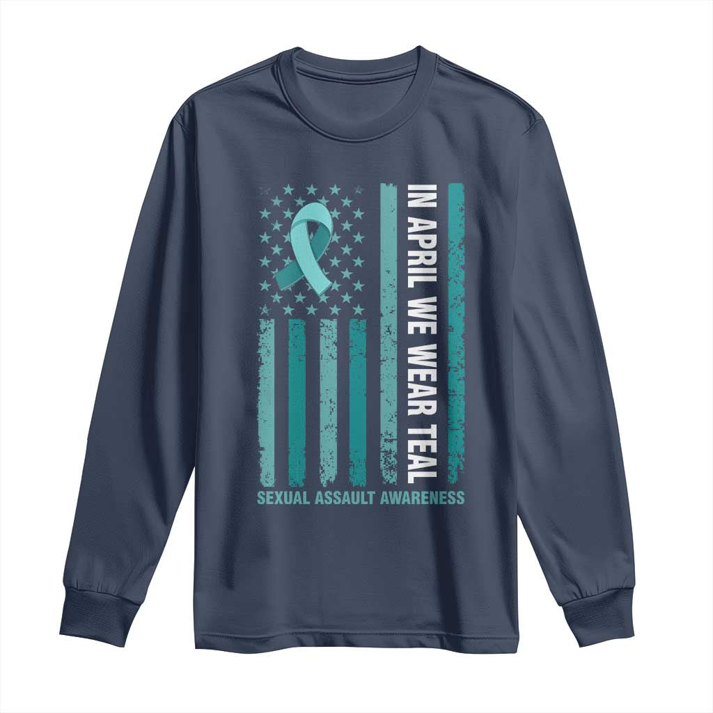 Sexual Assault Prevention Support American Flag Long Sleeve Shirt In April We Wear Teal Ribbon