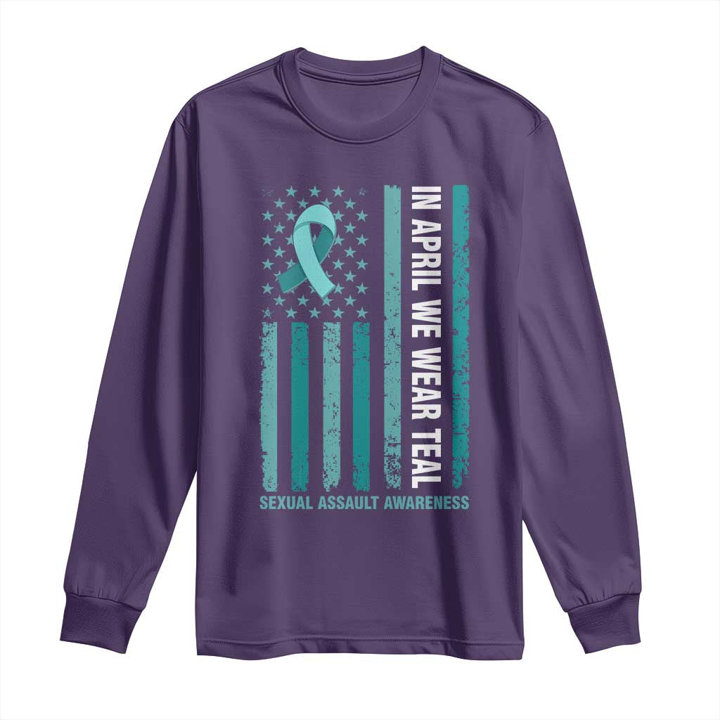 Sexual Assault Prevention Support American Flag Long Sleeve Shirt In April We Wear Teal Ribbon