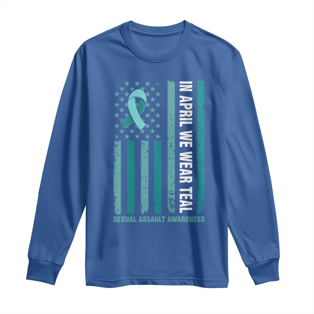 Sexual Assault Prevention Support American Flag Long Sleeve Shirt In April We Wear Teal Ribbon