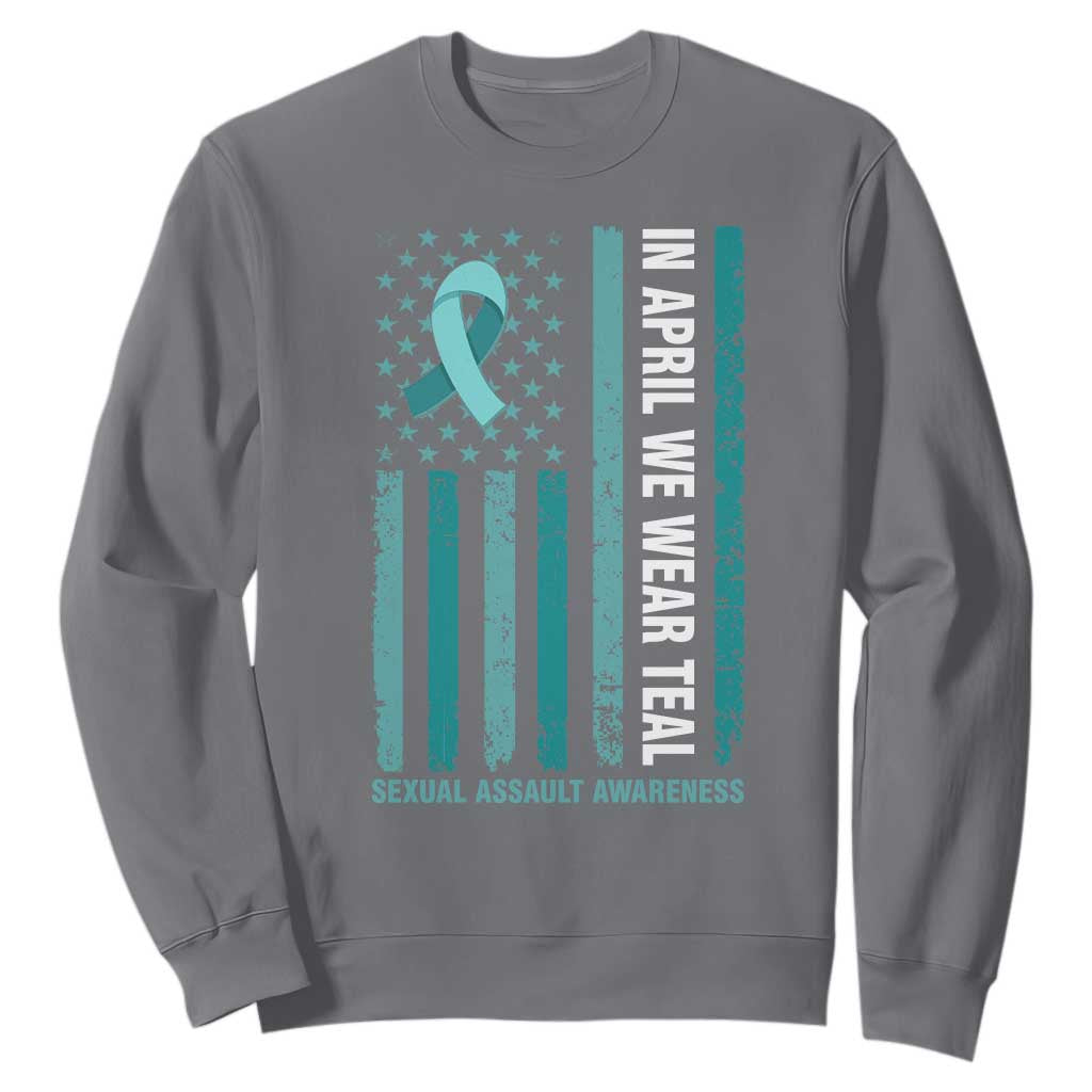Sexual Assault Prevention Support American Flag Sweatshirt In April We Wear Teal Ribbon