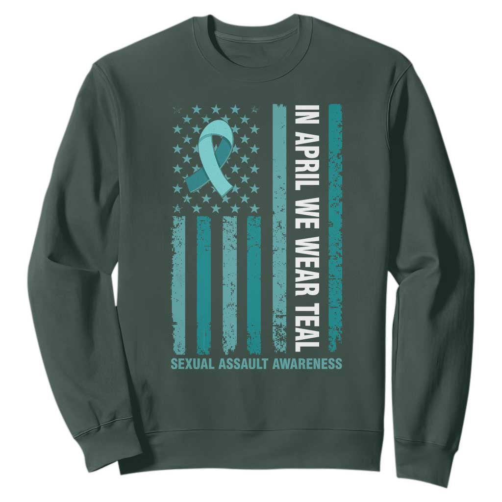 Sexual Assault Prevention Support American Flag Sweatshirt In April We Wear Teal Ribbon