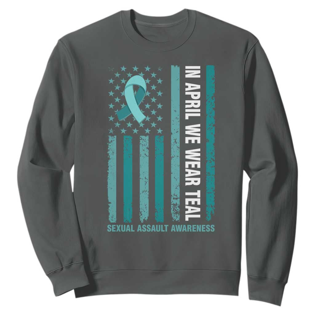 Sexual Assault Prevention Support American Flag Sweatshirt In April We Wear Teal Ribbon