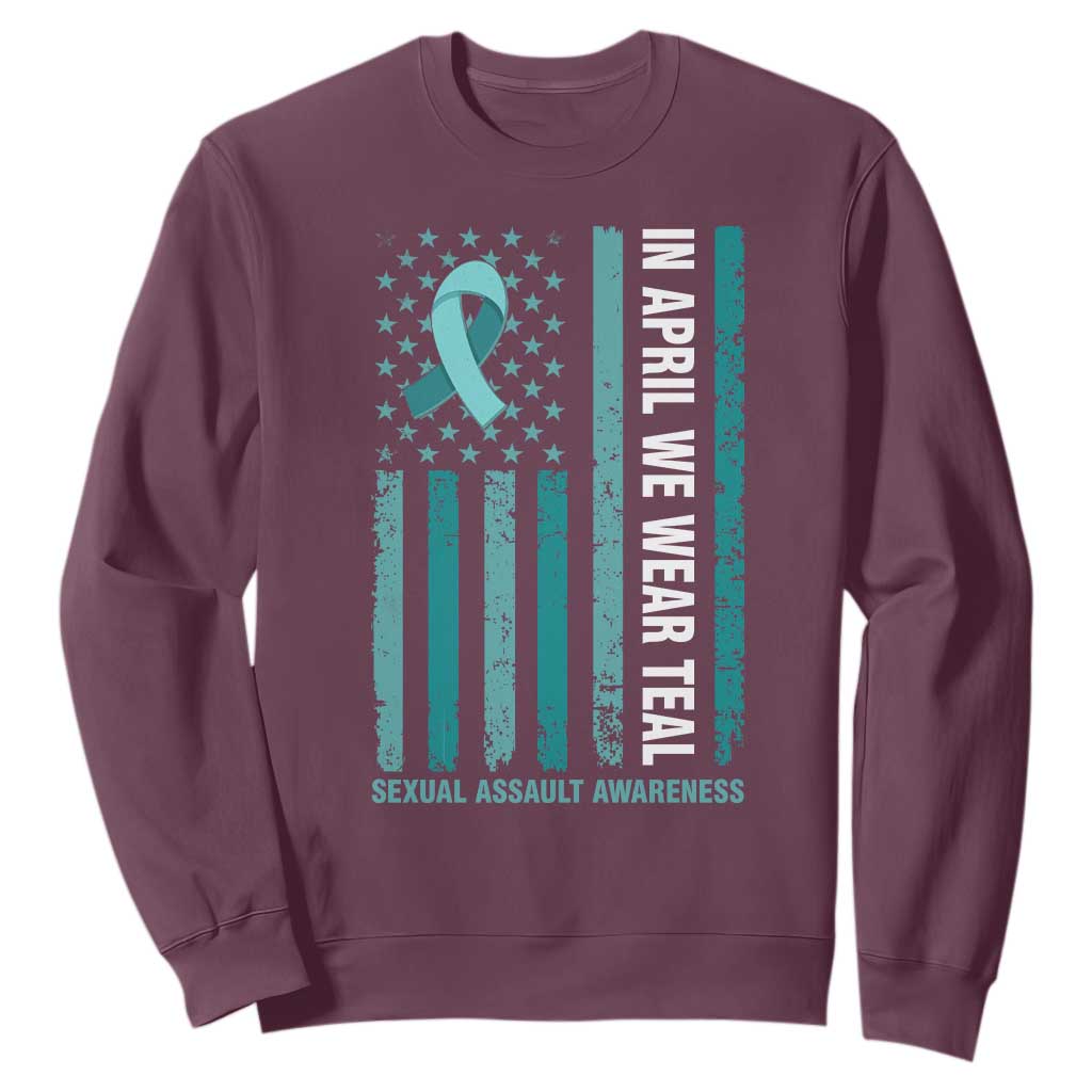 Sexual Assault Prevention Support American Flag Sweatshirt In April We Wear Teal Ribbon
