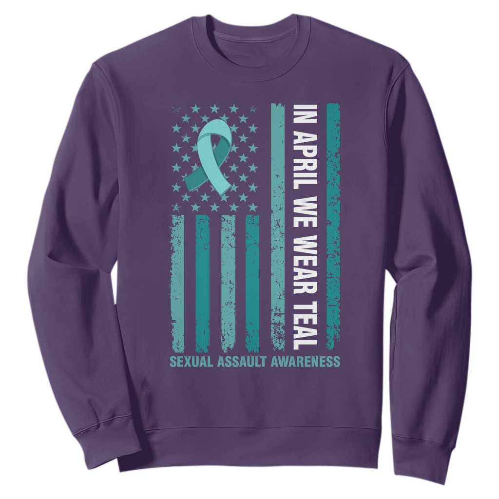 Sexual Assault Prevention Support American Flag Sweatshirt In April We Wear Teal Ribbon