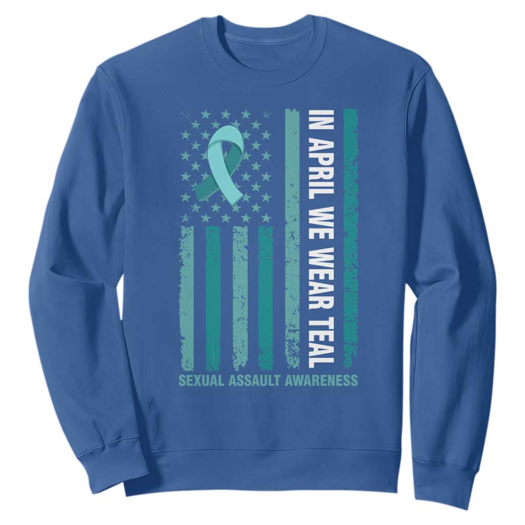 Sexual Assault Prevention Support American Flag Sweatshirt In April We Wear Teal Ribbon