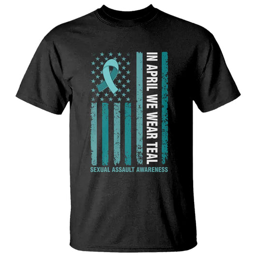 Sexual Assault Prevention Support American Flag T Shirt In April We Wear Teal Ribbon