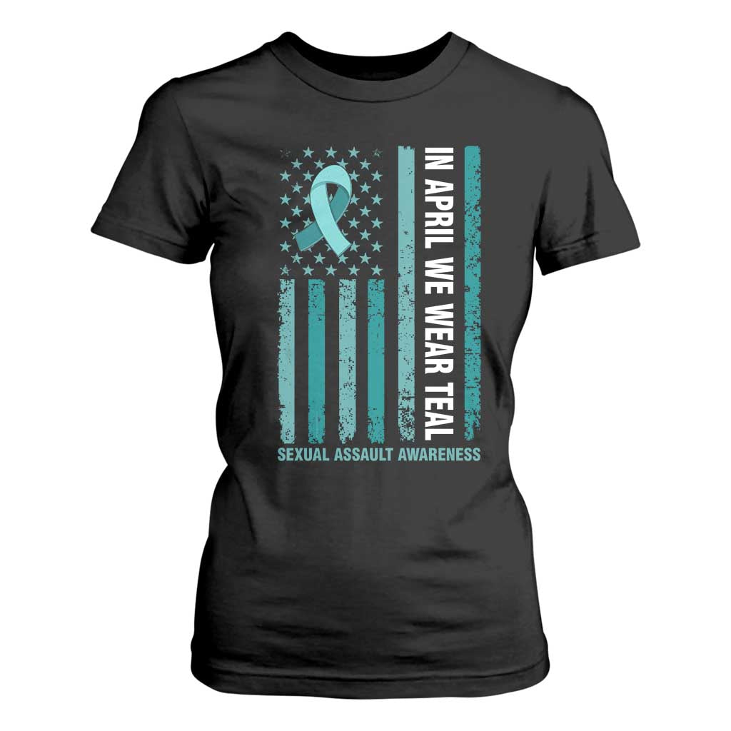Sexual Assault Prevention Support American Flag T Shirt For Women In April We Wear Teal Ribbon