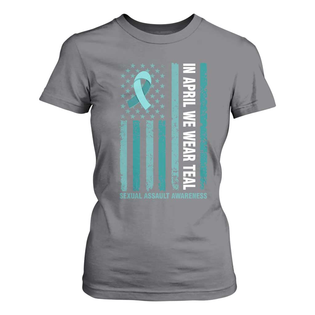 Sexual Assault Prevention Support American Flag T Shirt For Women In April We Wear Teal Ribbon