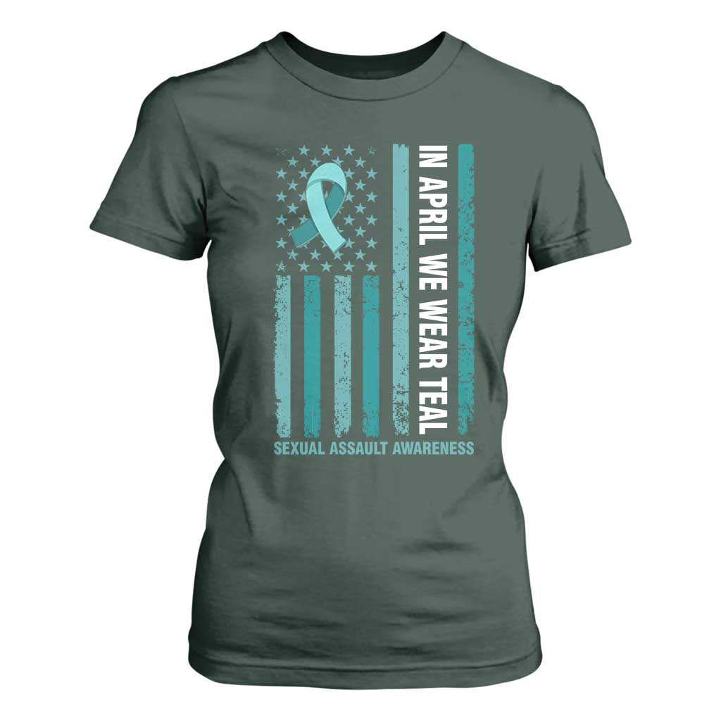 Sexual Assault Prevention Support American Flag T Shirt For Women In April We Wear Teal Ribbon