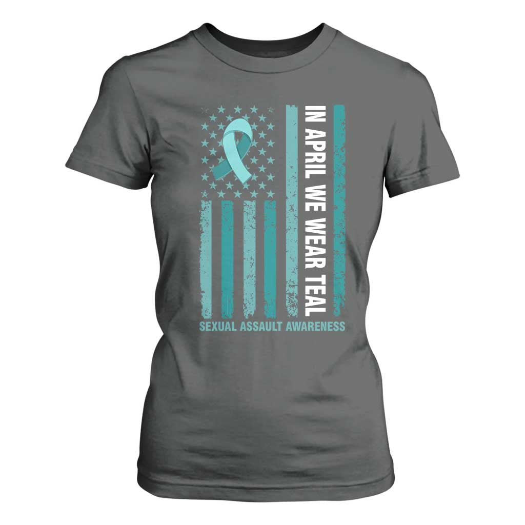 Sexual Assault Prevention Support American Flag T Shirt For Women In April We Wear Teal Ribbon