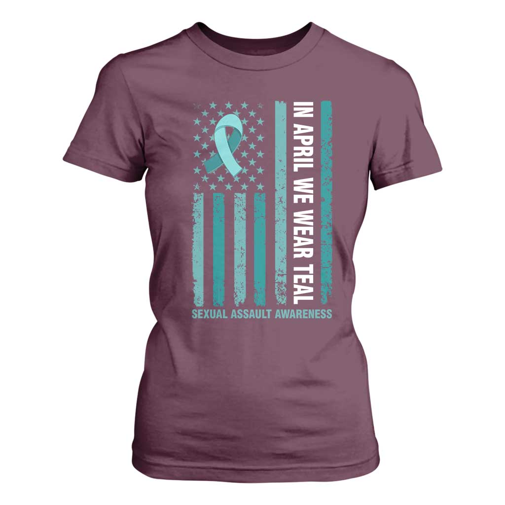 Sexual Assault Prevention Support American Flag T Shirt For Women In April We Wear Teal Ribbon