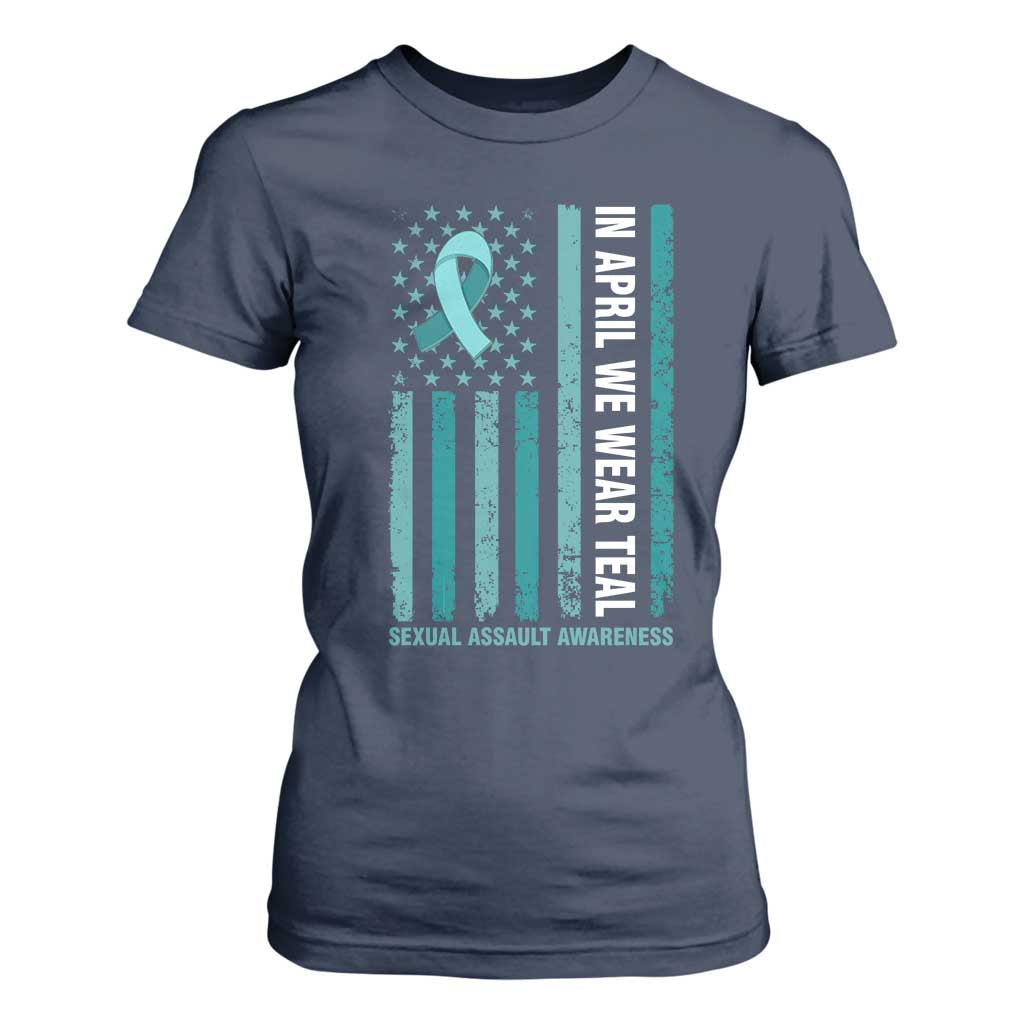 Sexual Assault Prevention Support American Flag T Shirt For Women In April We Wear Teal Ribbon