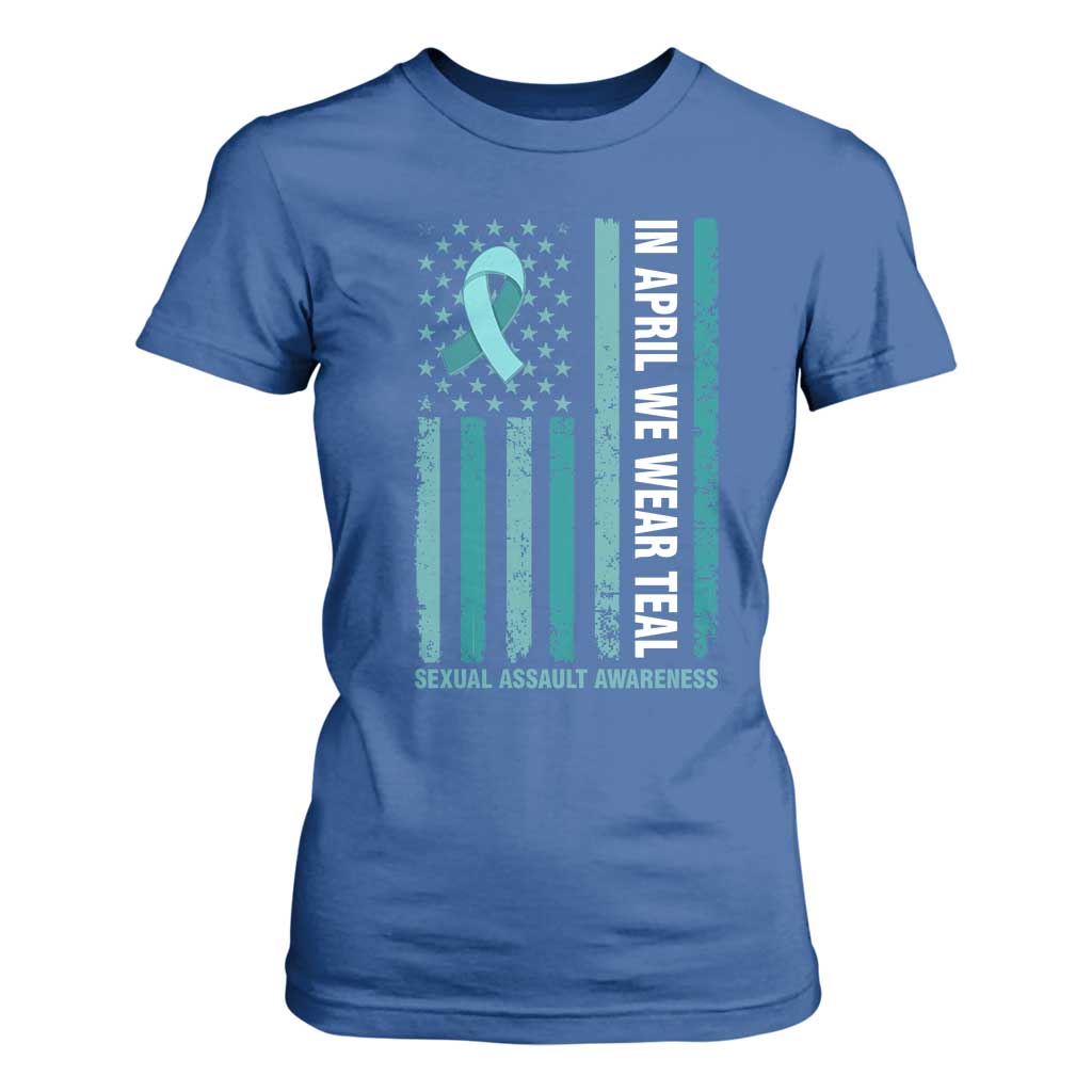 Sexual Assault Prevention Support American Flag T Shirt For Women In April We Wear Teal Ribbon
