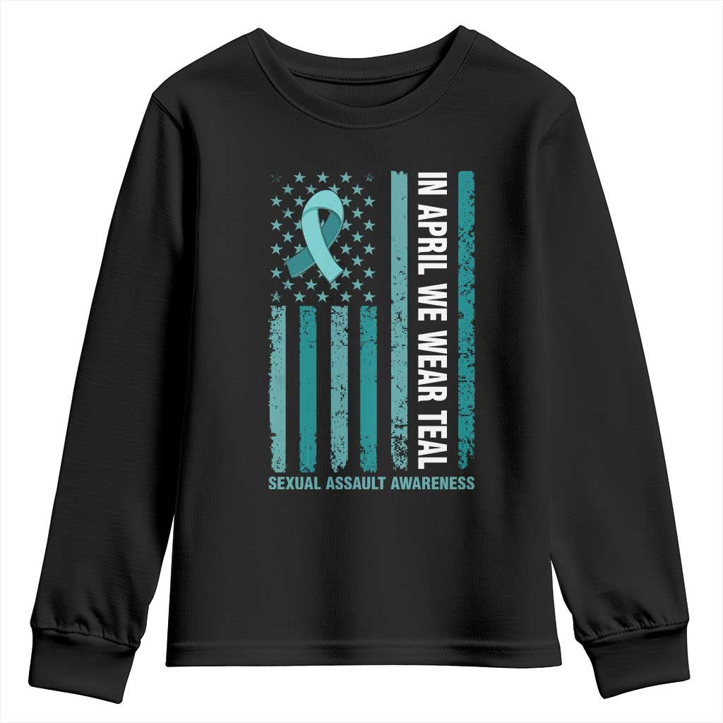 Sexual Assault Prevention Support American Flag Youth Sweatshirt In April We Wear Teal Ribbon