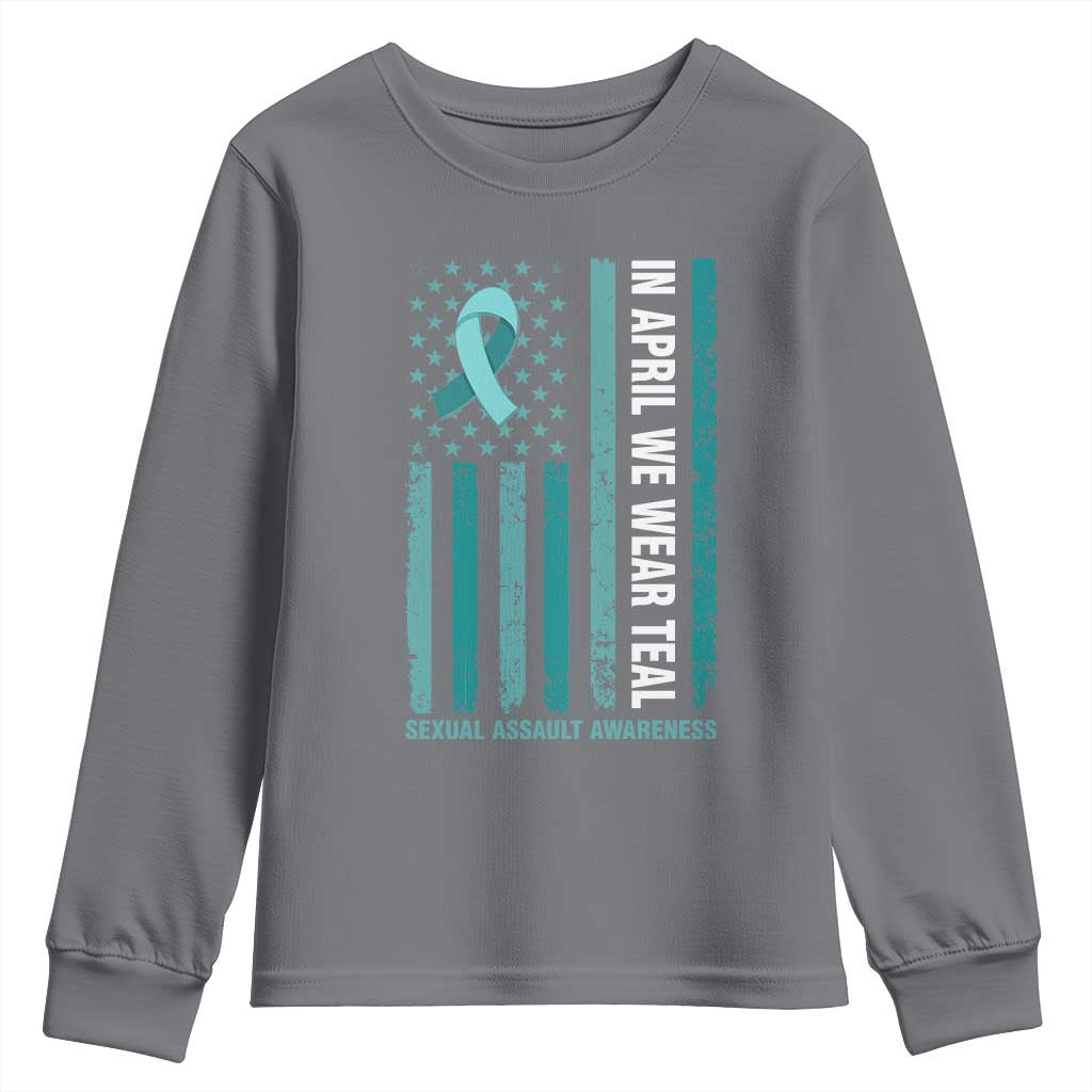 Sexual Assault Prevention Support American Flag Youth Sweatshirt In April We Wear Teal Ribbon