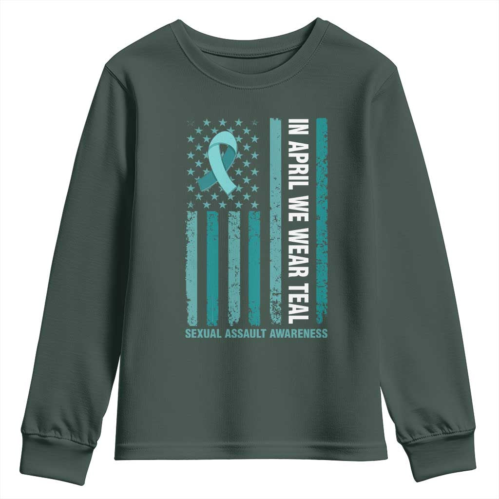 Sexual Assault Prevention Support American Flag Youth Sweatshirt In April We Wear Teal Ribbon