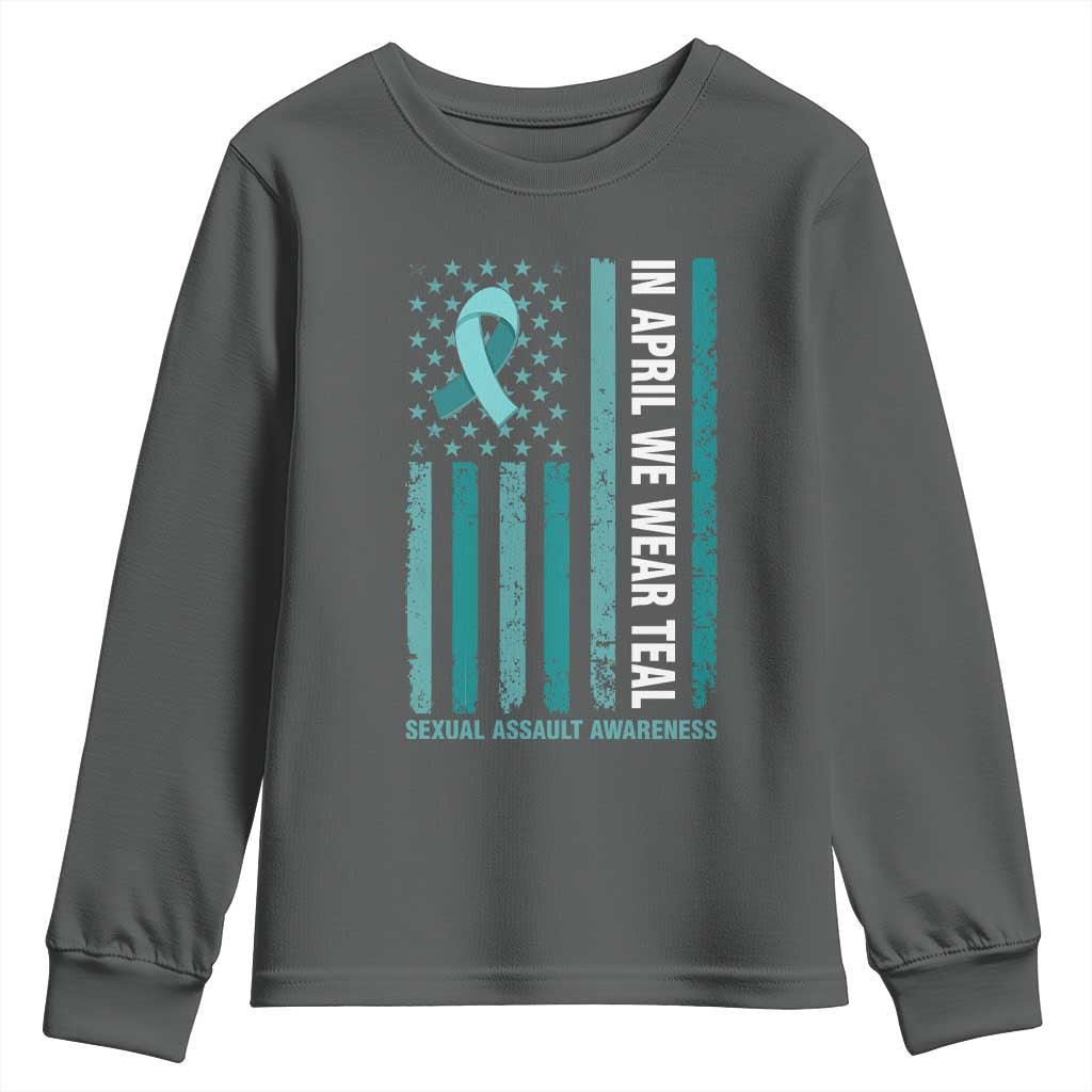 Sexual Assault Prevention Support American Flag Youth Sweatshirt In April We Wear Teal Ribbon