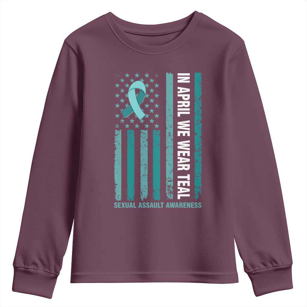 Sexual Assault Prevention Support American Flag Youth Sweatshirt In April We Wear Teal Ribbon