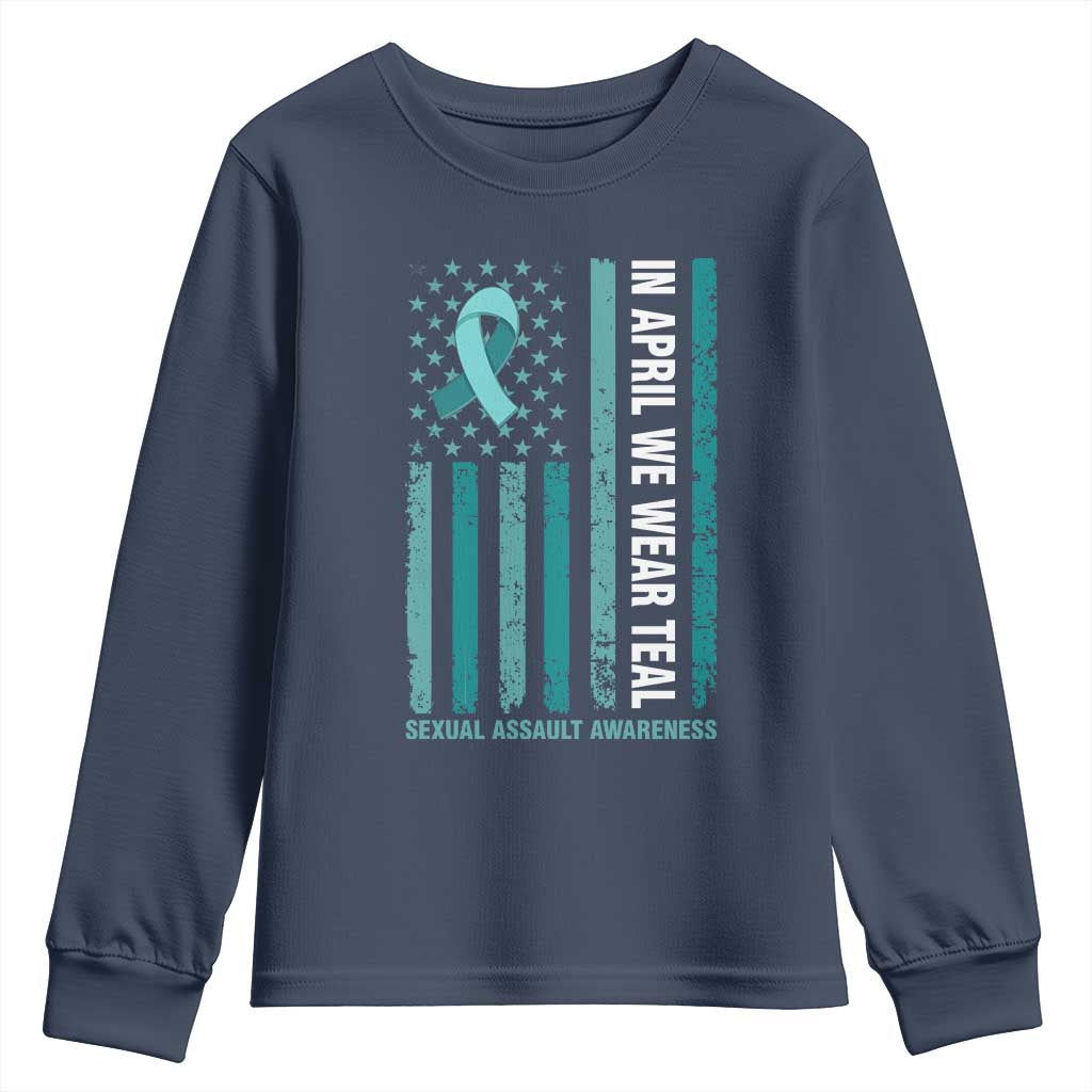 Sexual Assault Prevention Support American Flag Youth Sweatshirt In April We Wear Teal Ribbon