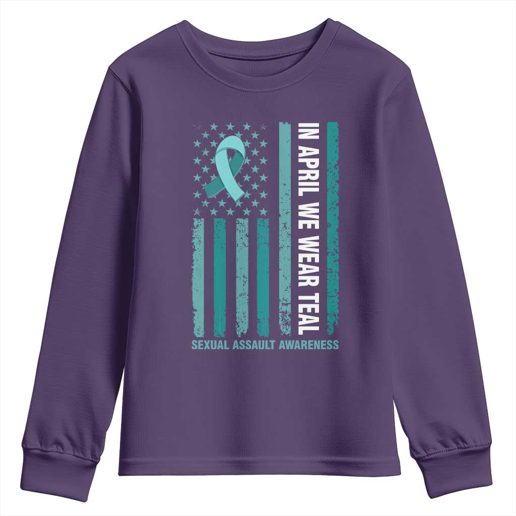 Sexual Assault Prevention Support American Flag Youth Sweatshirt In April We Wear Teal Ribbon