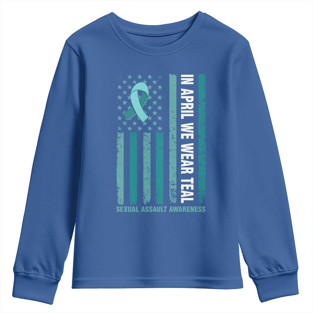 Sexual Assault Prevention Support American Flag Youth Sweatshirt In April We Wear Teal Ribbon