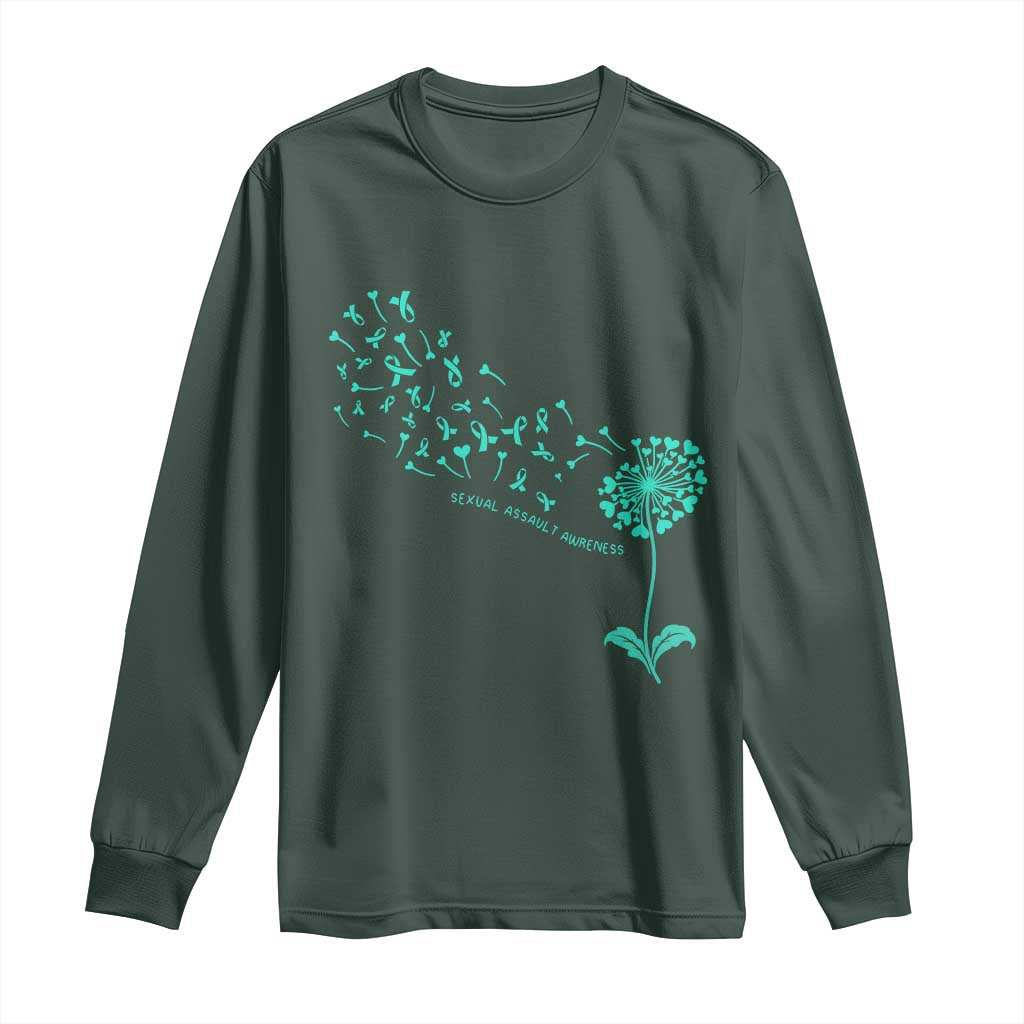 Sexual Assault Prevention Support Long Sleeve Shirt Teal Dandelion Ribbons