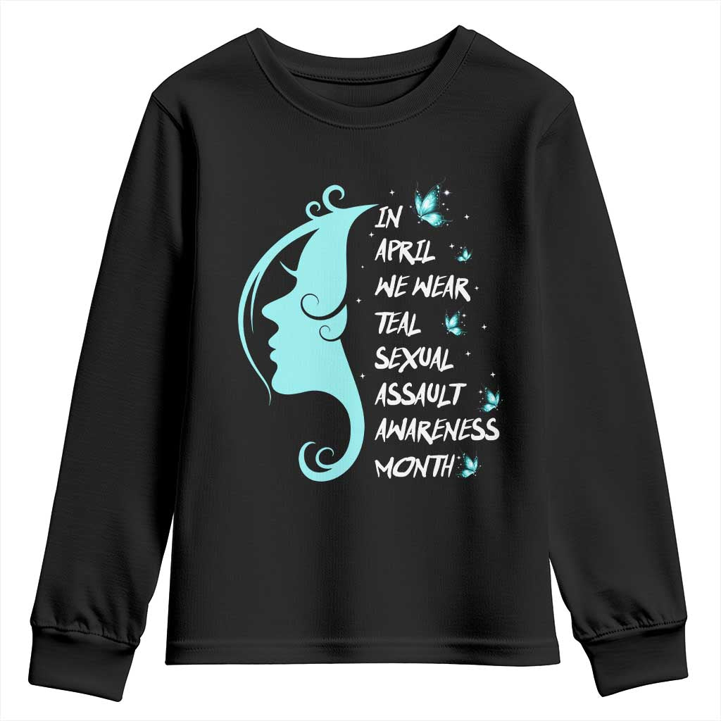 Sexual Assault Prevention Support Youth Sweatshirt In April We Wear Teal Ribbon