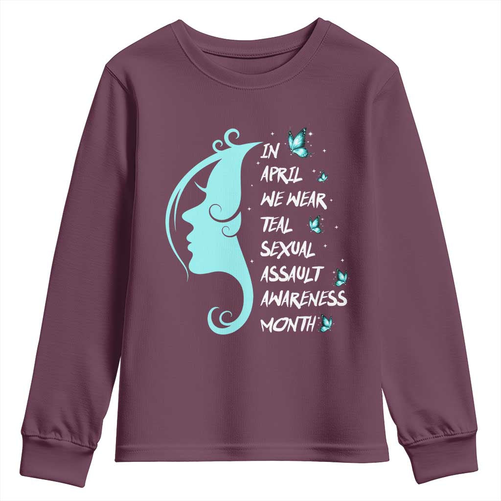 Sexual Assault Prevention Support Youth Sweatshirt In April We Wear Teal Ribbon