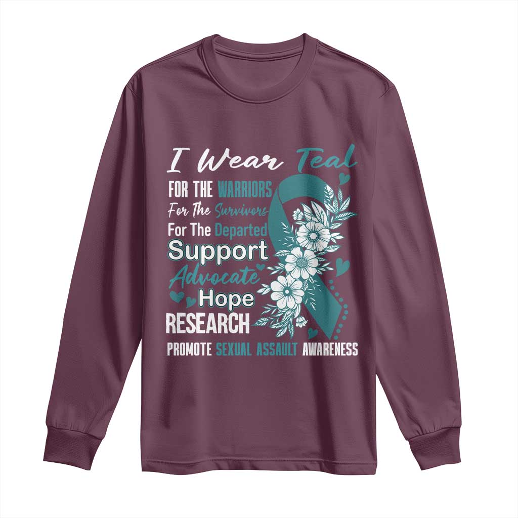 Sexual Assault Prevention Support Long Sleeve Shirt Teal Ribbon Flower