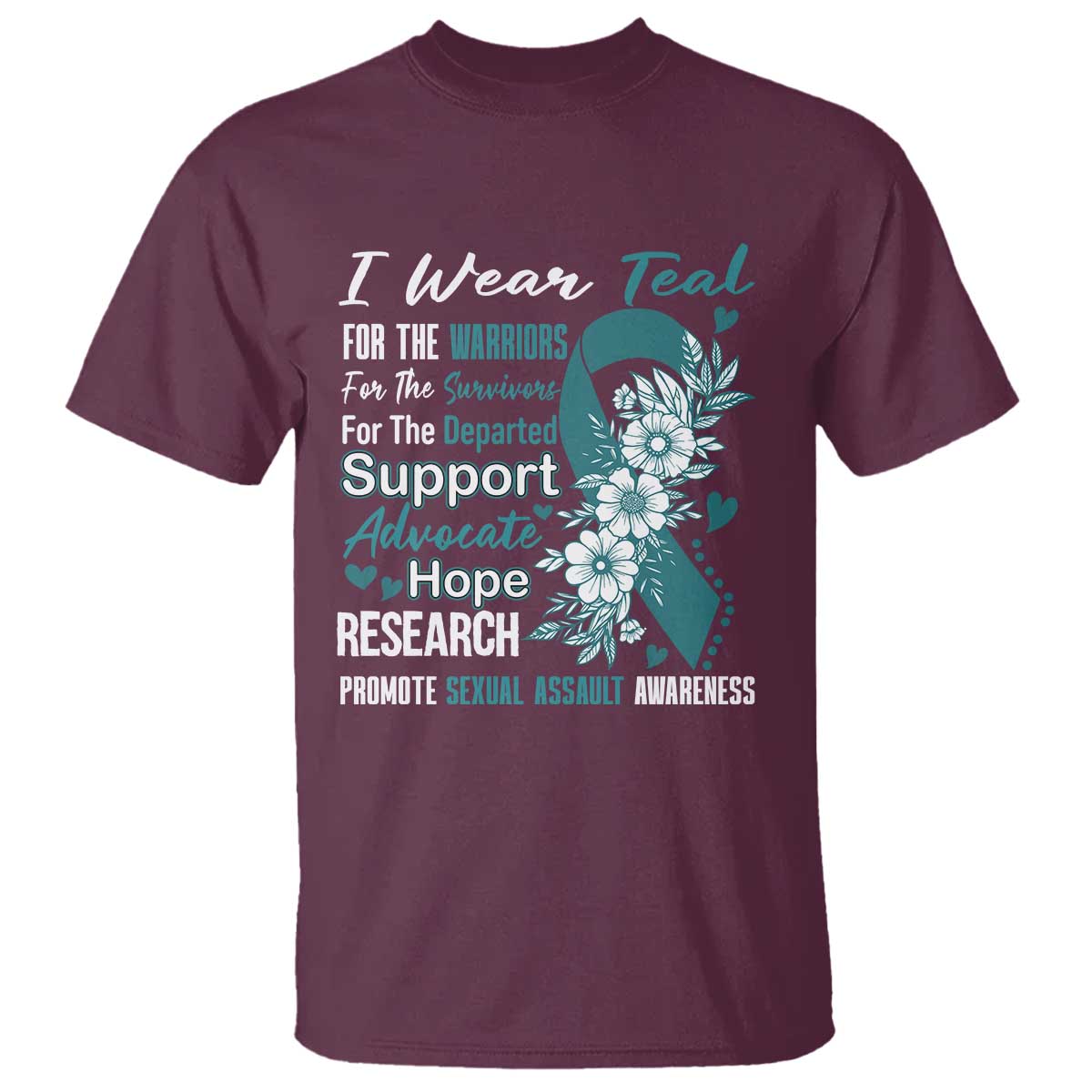 Sexual Assault Prevention Support T Shirt Teal Ribbon Flower