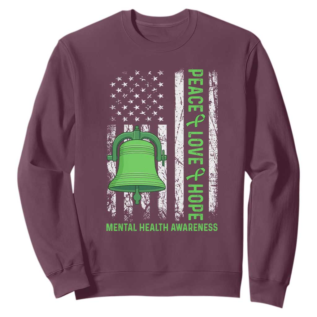 Mental Health Sweatshirt Peace Love Hope Green Ribbon