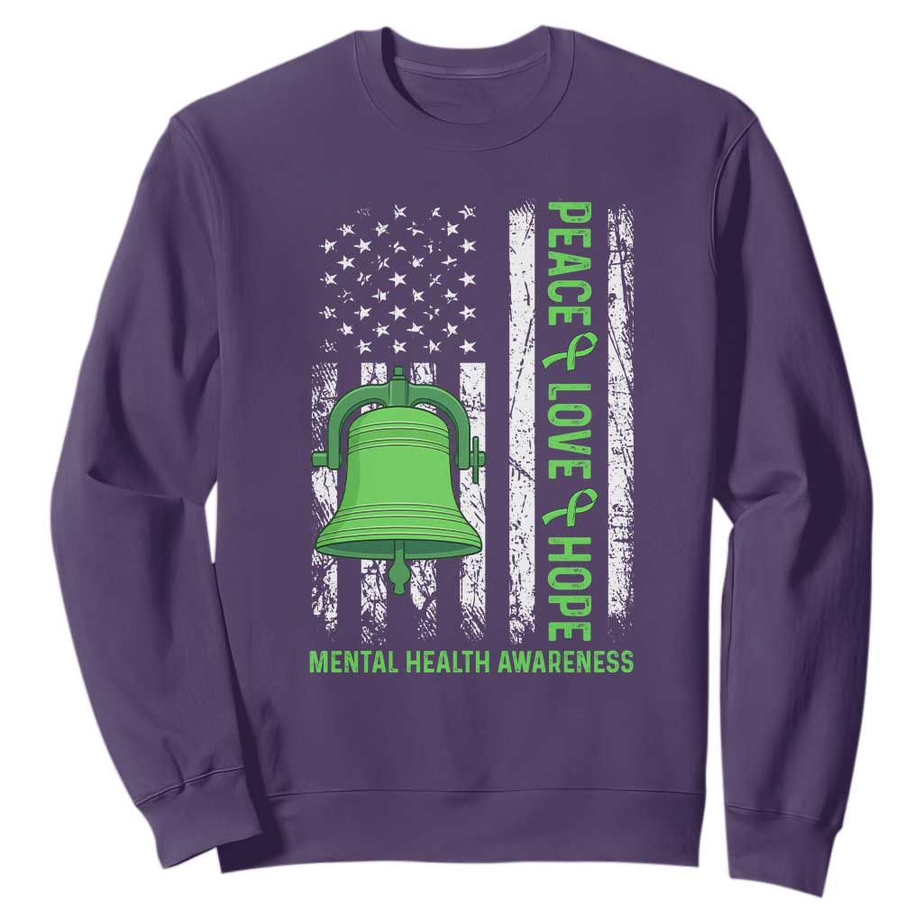 Mental Health Sweatshirt Peace Love Hope Green Ribbon