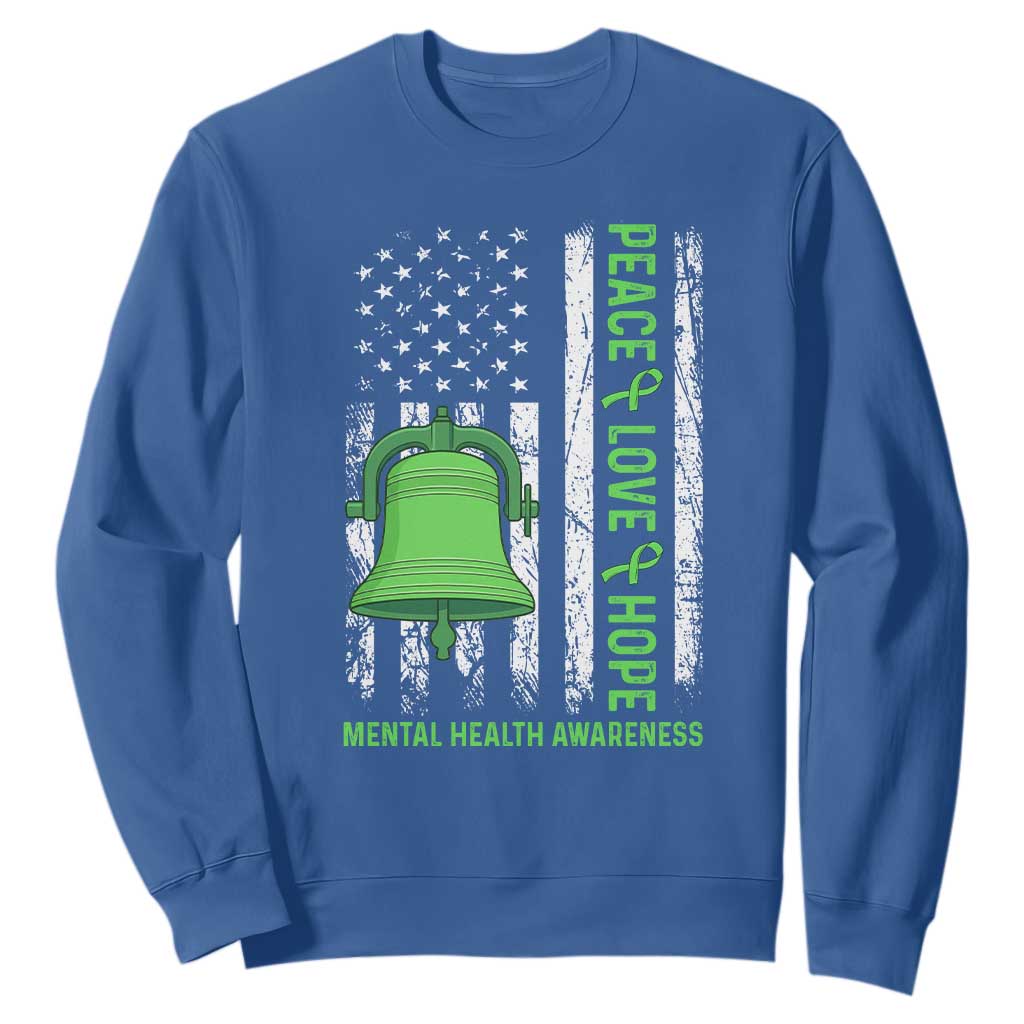 Mental Health Sweatshirt Peace Love Hope Green Ribbon