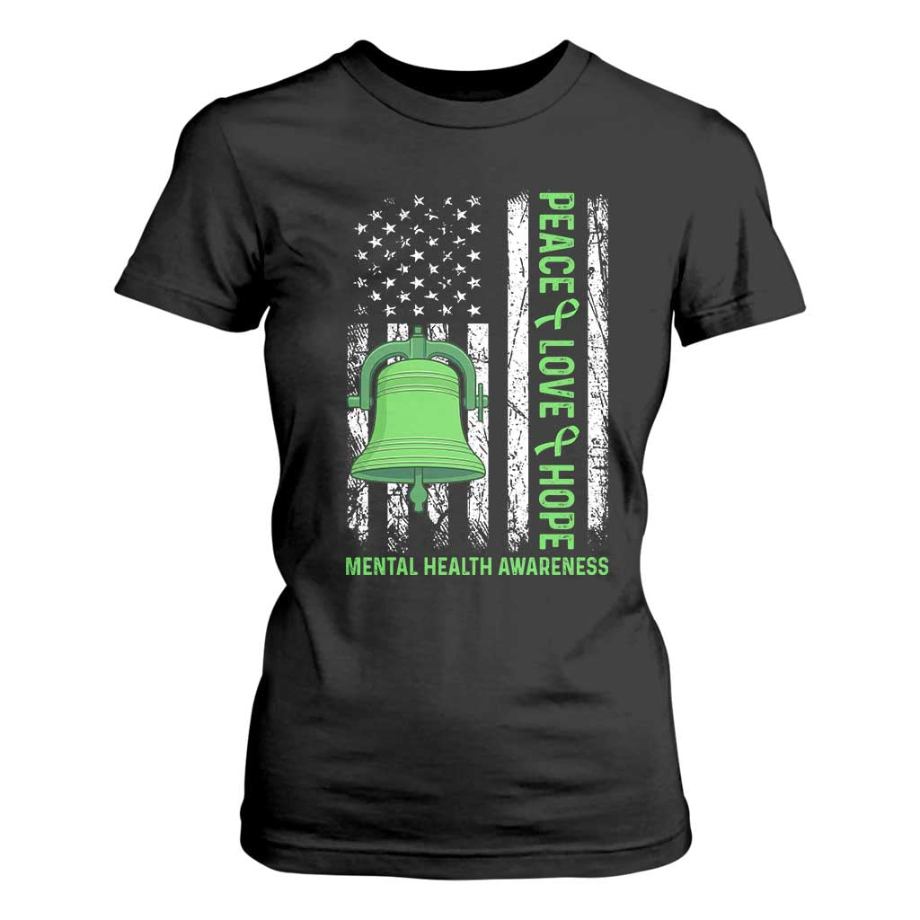 Mental Health T Shirt For Women Peace Love Hope Green Ribbon