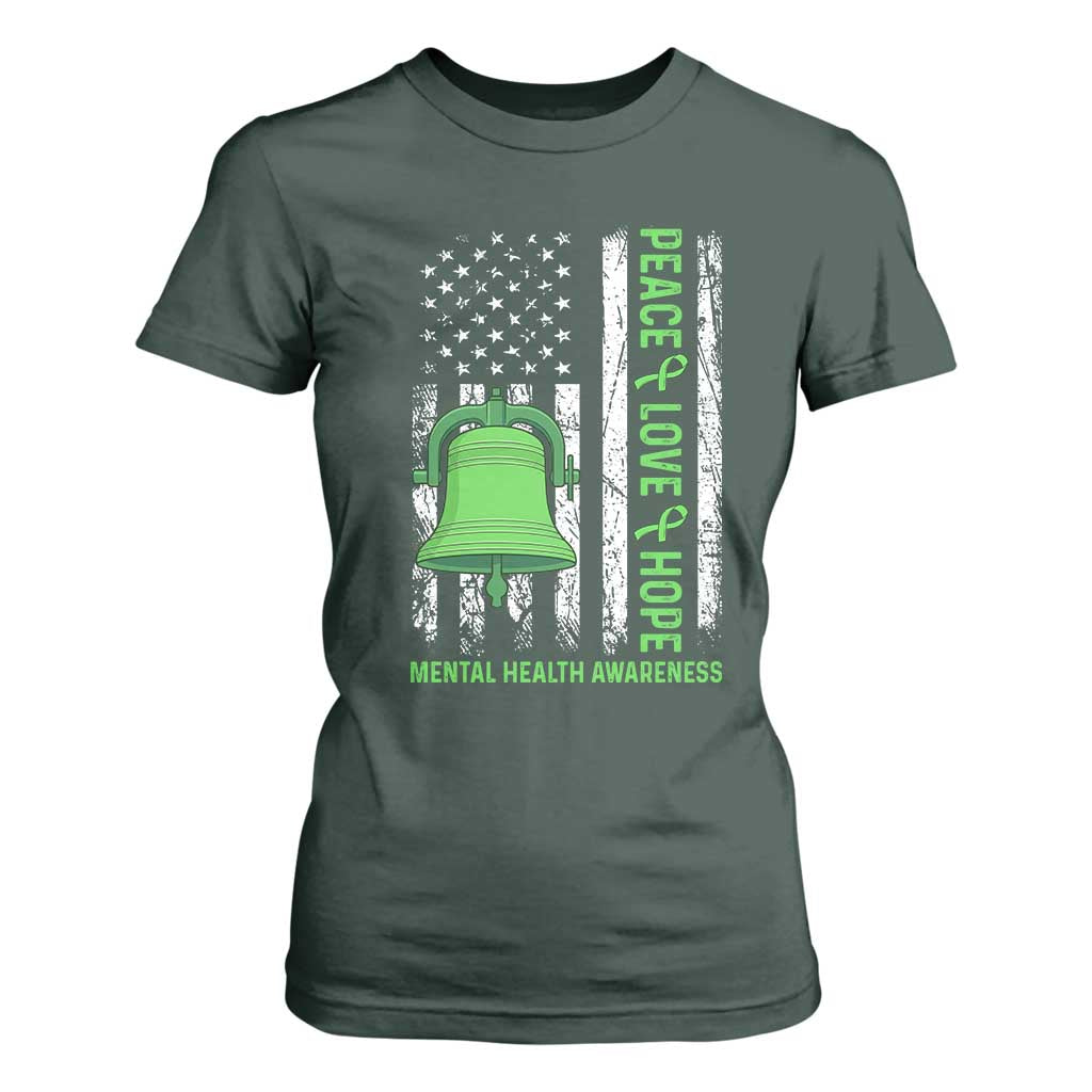 Mental Health T Shirt For Women Peace Love Hope Green Ribbon